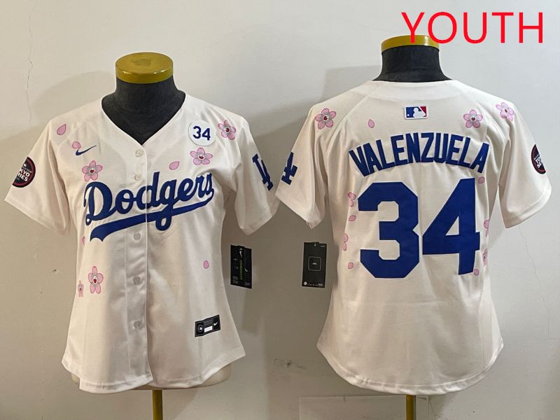 Youth Los Angeles Dodgers #34 Valenzuela Cream Sakura Edition 2025 Nike MLB Jersey style 5->youth mlb jersey->Youth Jersey